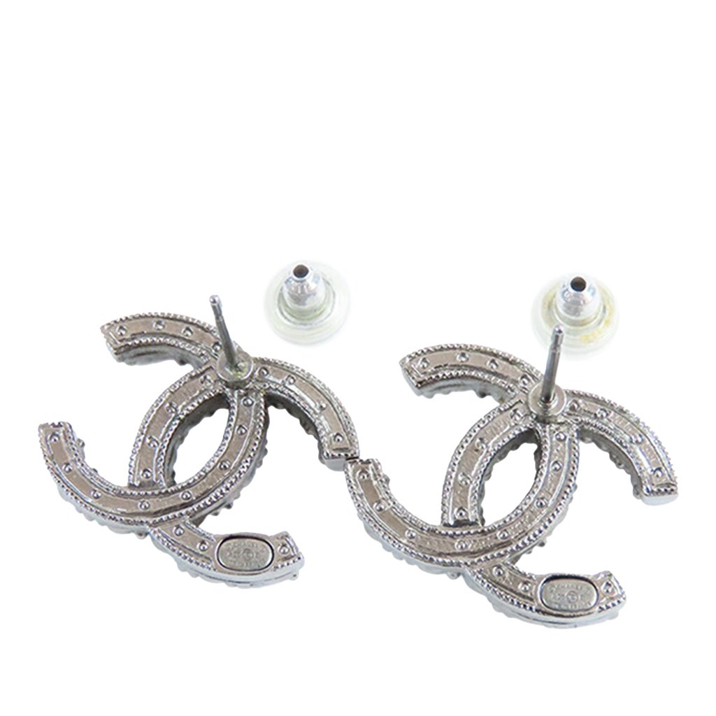 Chanel Silver Plated CC Rhinestones and Pearl Push Back Earrings - 2