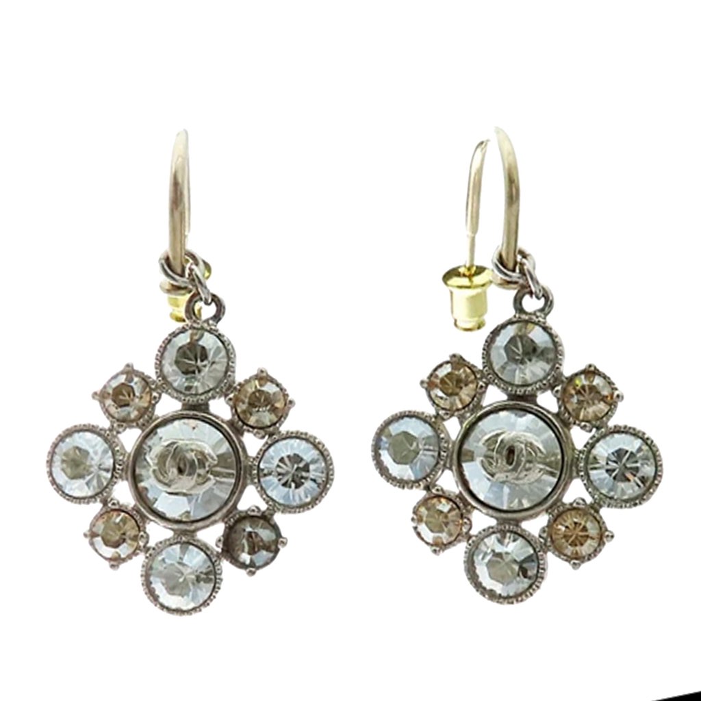 Chanel CC Silver Plated Crystal Dangle Earrings