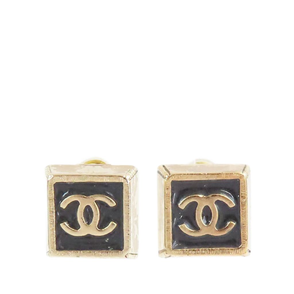 Chanel Gold Plated Enamel CC Square Stud Earrings