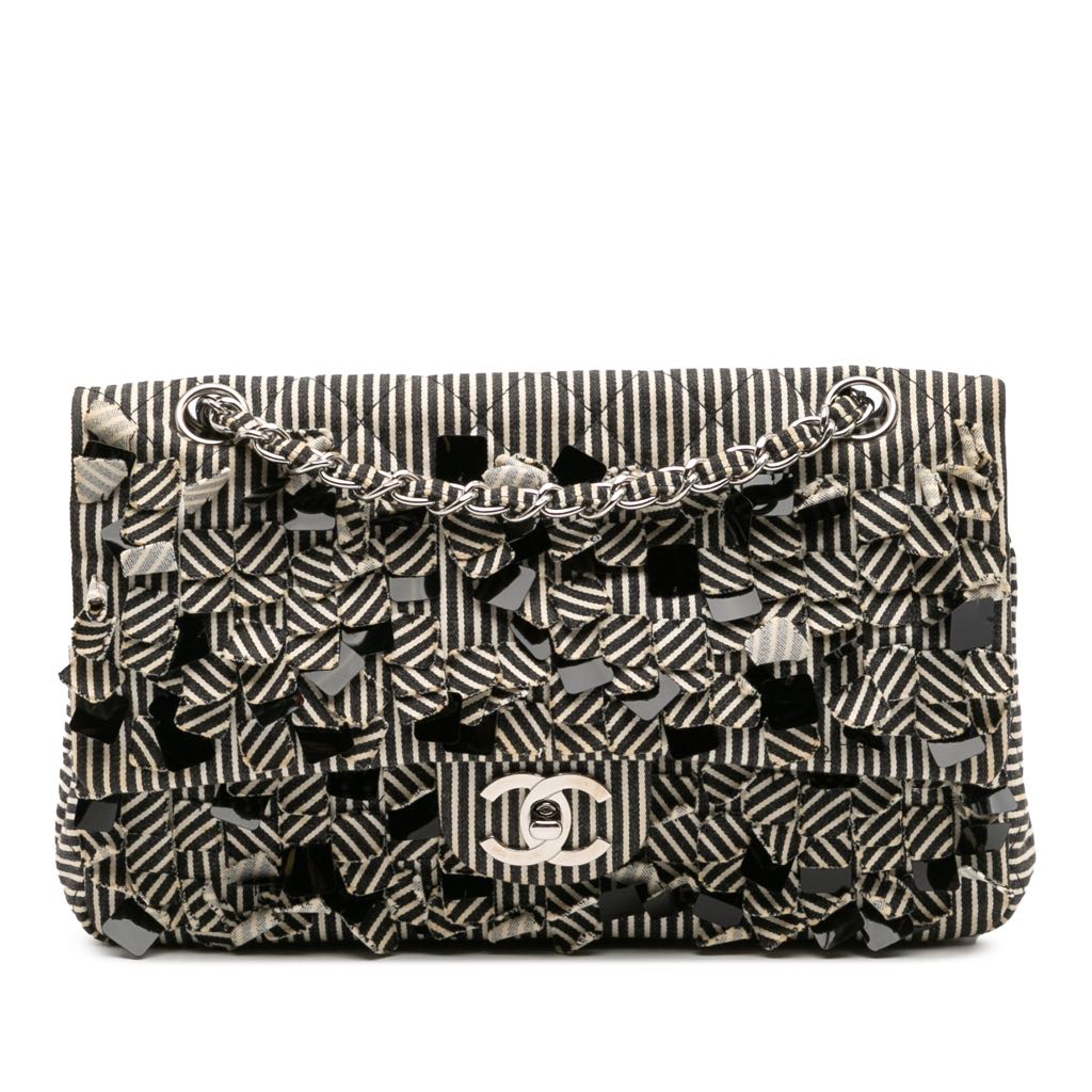 Chanel Medium Classic Canvas Sequin Stripes Double Flap