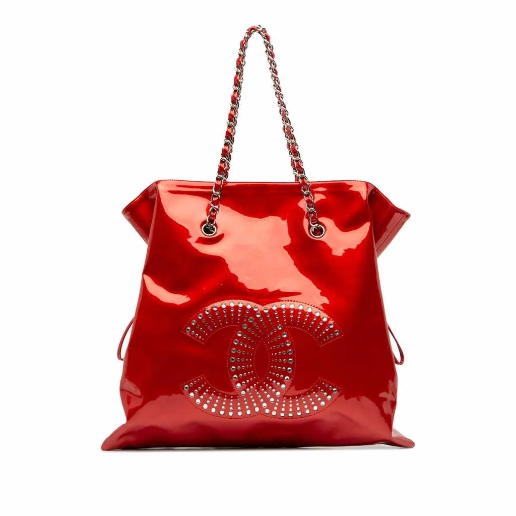 Chanel CC Patent Crystal Strass Embellished Bonbons Tote Red Leather Good - Front View