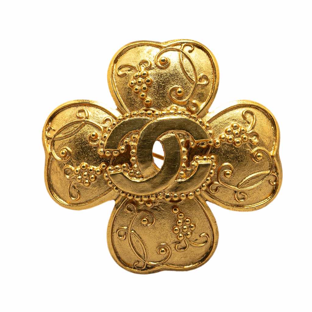 Chanel Gold Plated CC Clover Brooch