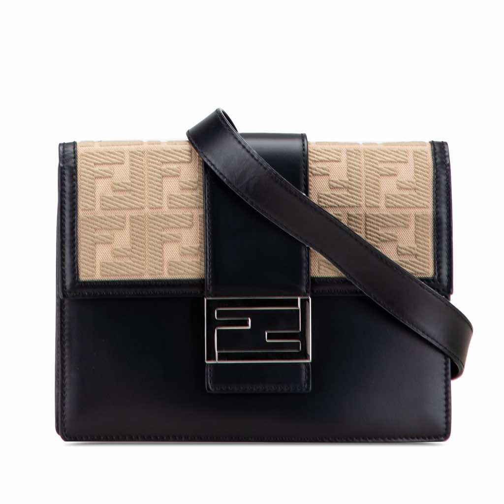 Fendi Calfskin and Canvas FF 1974 Flat Baguette Crossbody