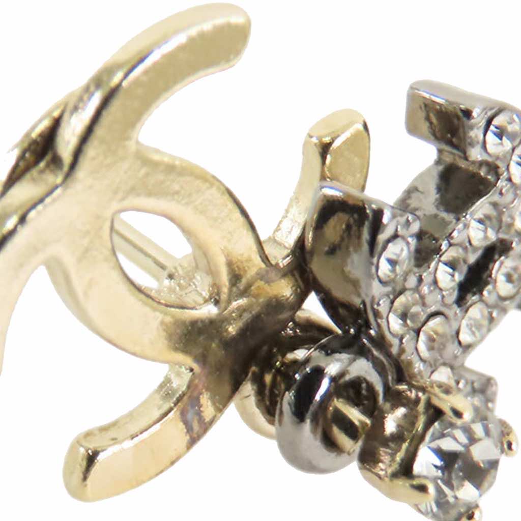 Chanel Gold and Silver Plated CC Rhinestones Drop Push Back Earrings - 5