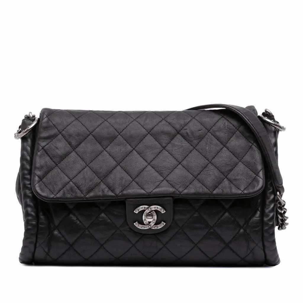 Chanel CC Quilted Washed Lambskin Studded Flap Black Leather Good - Front View