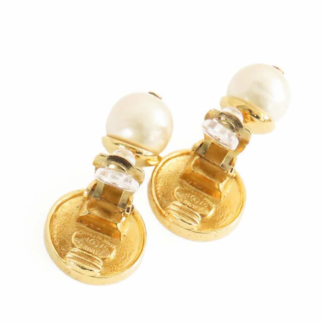 Chanel Gold Plated Faux Pearl Logo Clip on Drop Earrings - 2