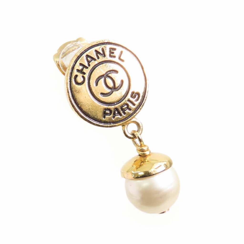Chanel Gold Plated Faux Pearl Logo Clip on Drop Earrings - 5