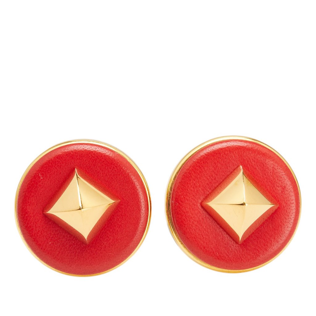 Hermès Gold Plated and Leather Medor Round Clip on Earrings