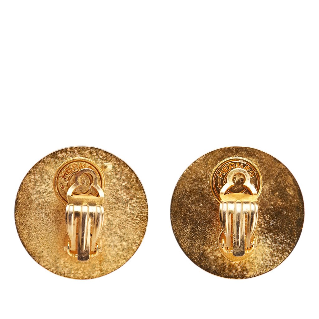 Hermès Gold Plated and Leather Medor Round Clip on Earrings - Back view