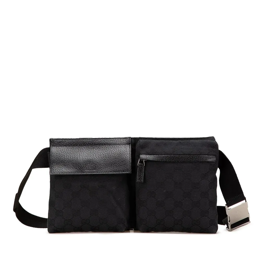 Gucci GG Canvas Double Pocket Belt Bag Black Canvas Good - Front View