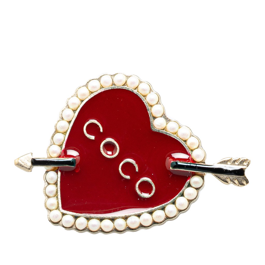 Chanel Gold Plated Enamel Faux Pearl Coco Heart and Arrow Brooch