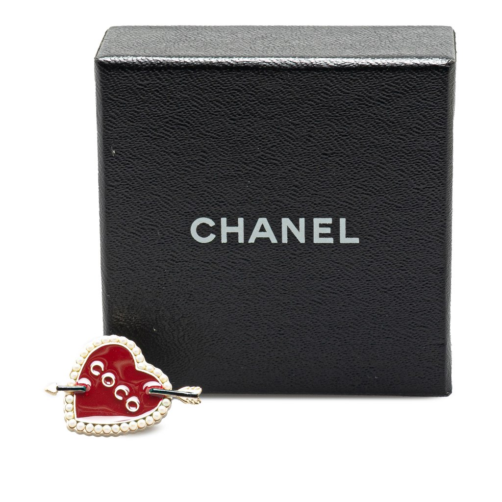 Chanel Gold Plated Enamel Faux Pearl Coco Heart and Arrow Brooch - 4
