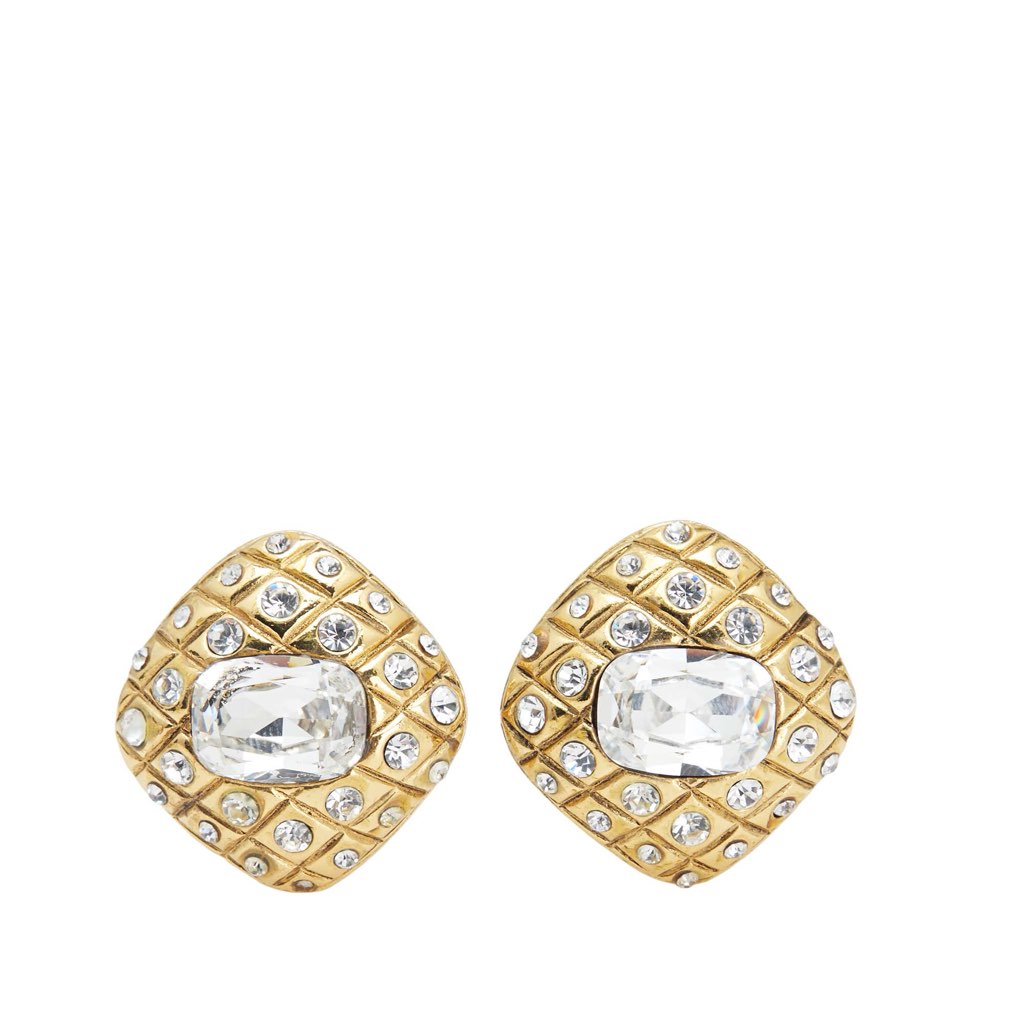 Chanel Gold Plated Quilted Diamond Crystal Clip On Earrings