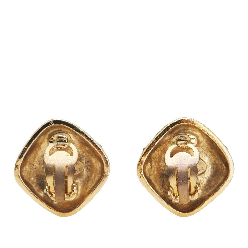 Chanel Gold Plated Quilted Diamond Crystal Clip On Earrings - Back view