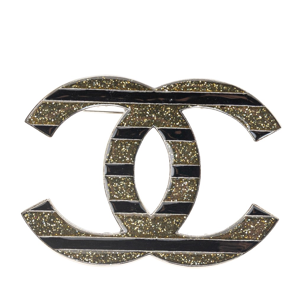 Chanel Enamel and Silver Plated CC Brooch