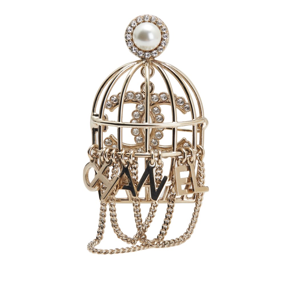 Chanel CC Gold Plated Faux Pearl and Rhinestones Logo Birdcage Brooch