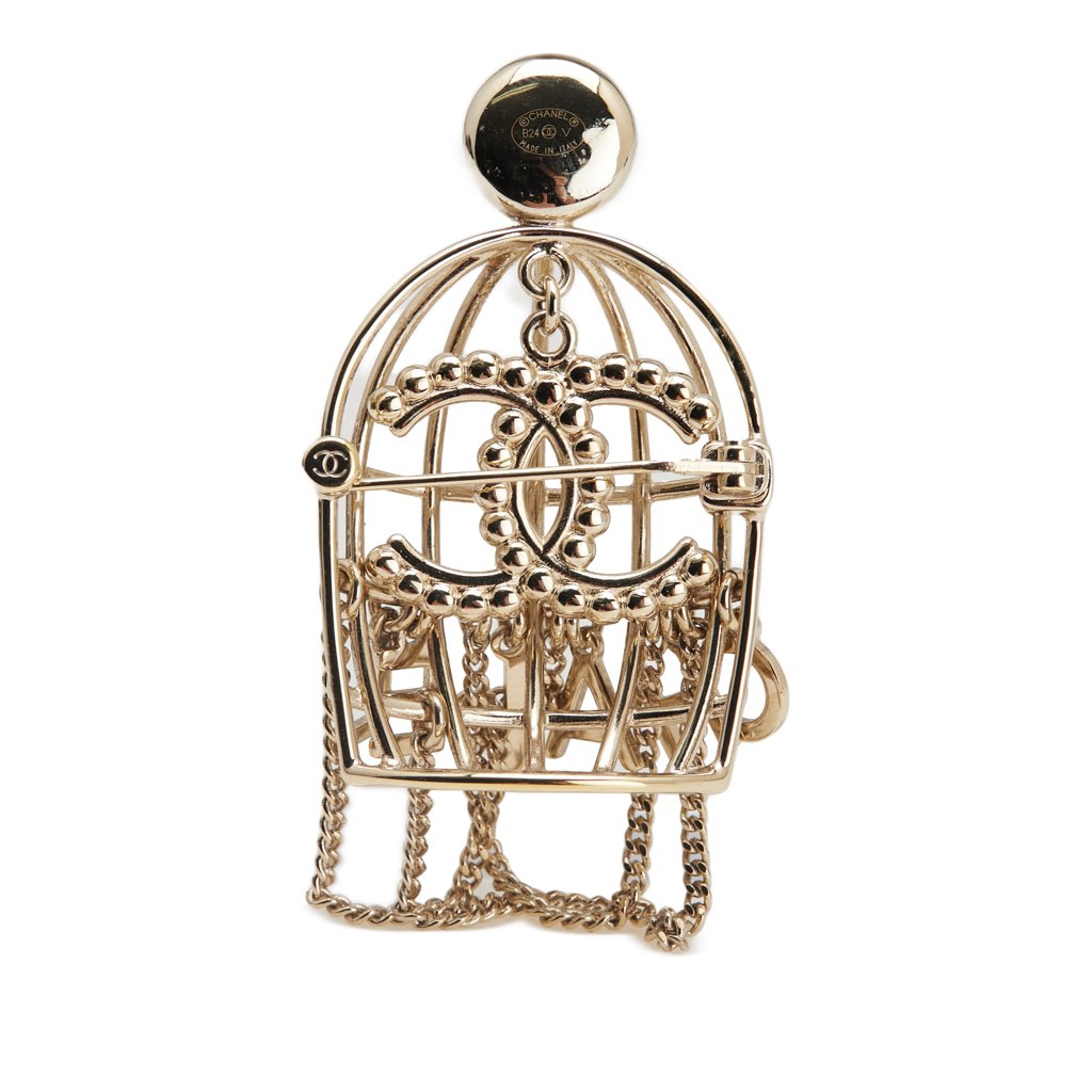 Chanel CC Gold Plated Faux Pearl and Rhinestones Logo Birdcage Brooch - Back view