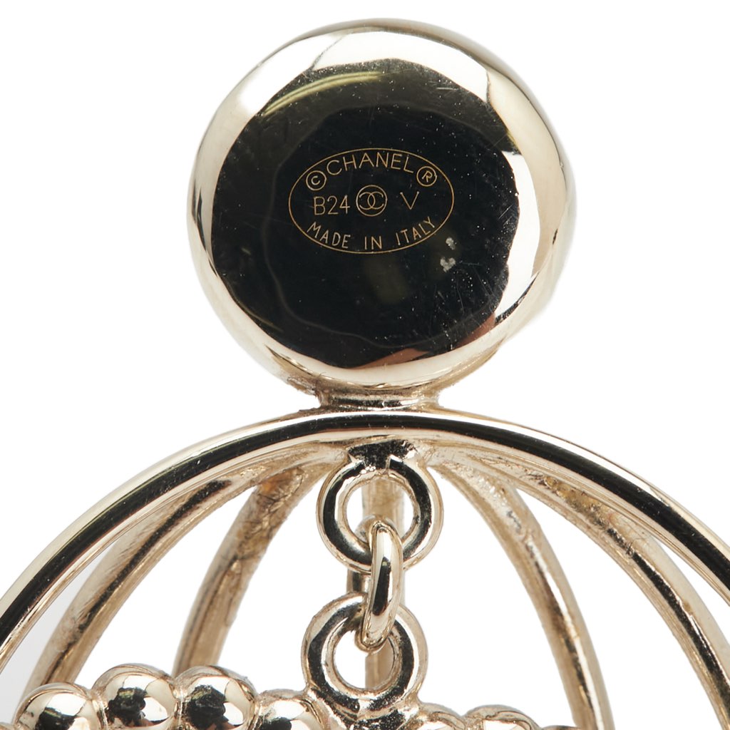 Chanel CC Gold Plated Faux Pearl and Rhinestones Logo Birdcage Brooch - Image 6