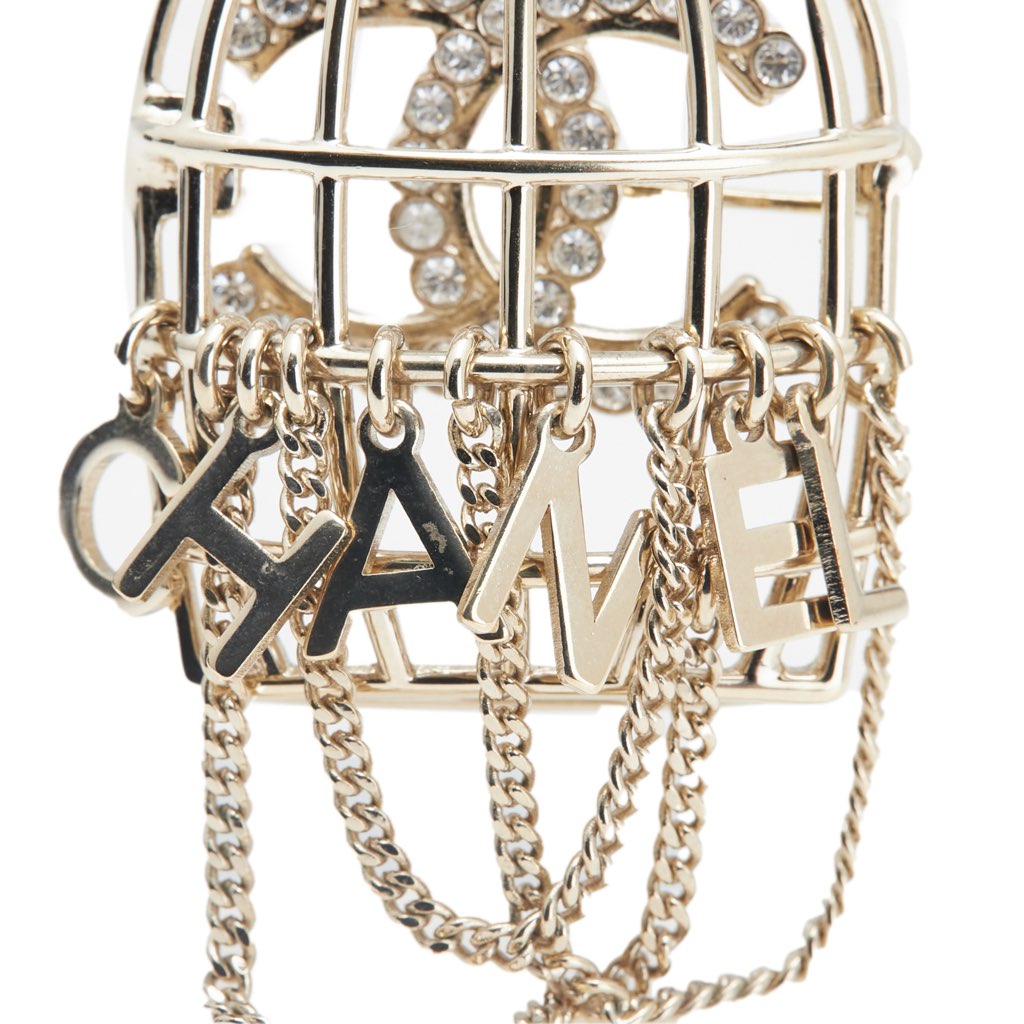 Chanel CC Gold Plated Faux Pearl and Rhinestones Logo Birdcage Brooch - Side view