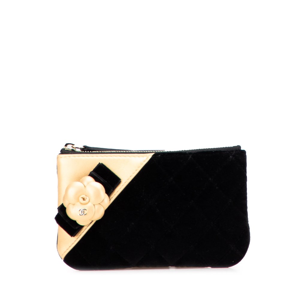 Chanel CC Quilted Velvet Camellia Pouch