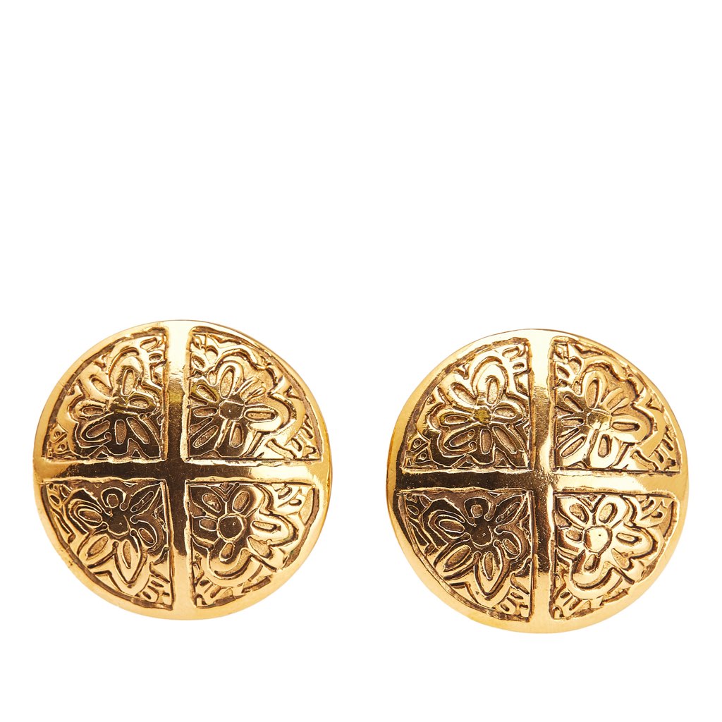 Chanel Gold Plated Camellia Cross Dome Clip On Earrings