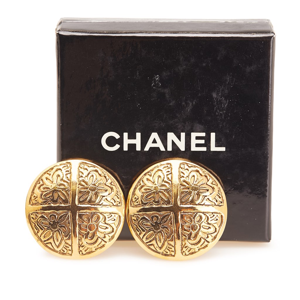 Chanel Gold Plated Camellia Cross Dome Clip On Earrings - Side view