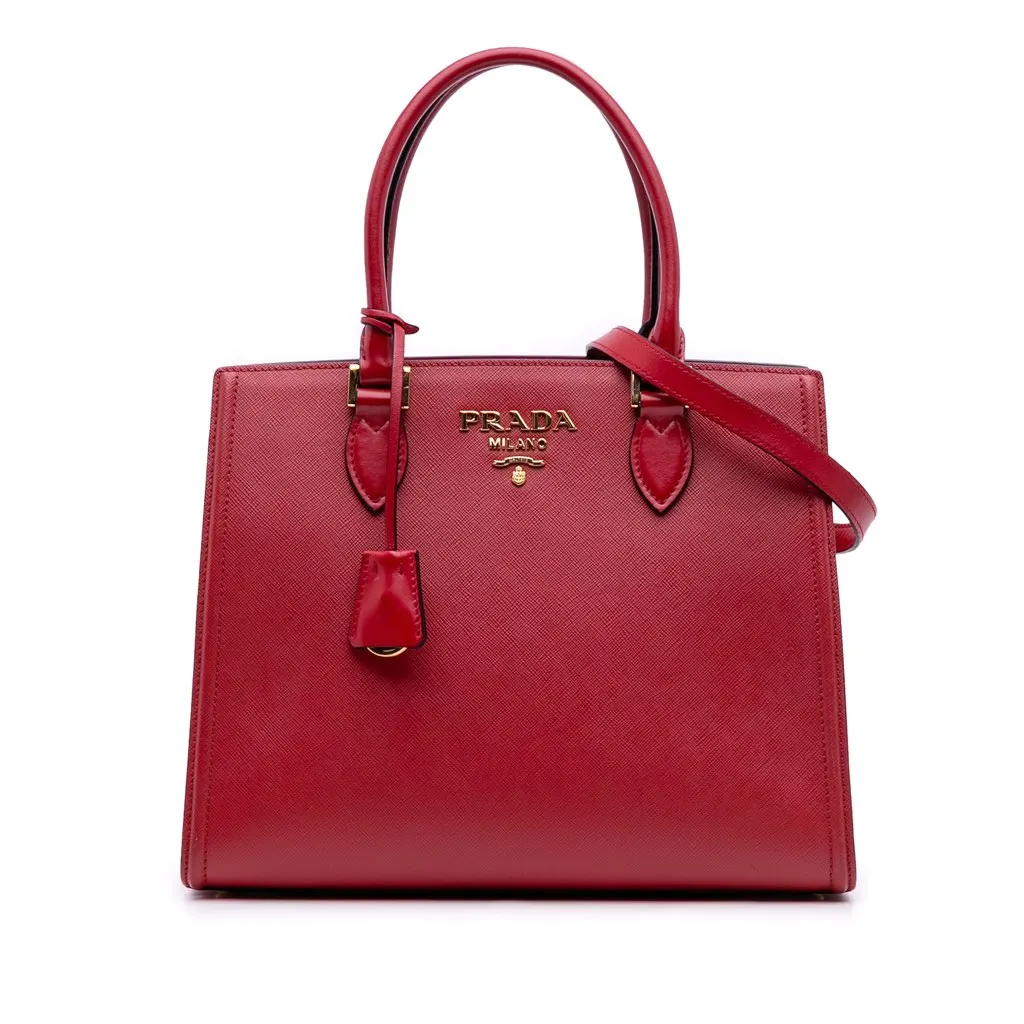 Prada Soft Calf Trimmed Saffiano Convertible Tote Red Leather Good - Front View