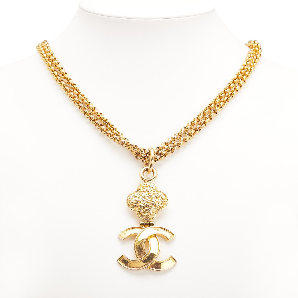 Chanel CC Gold Plated Double Chain Clover Pendant Necklace - 4
