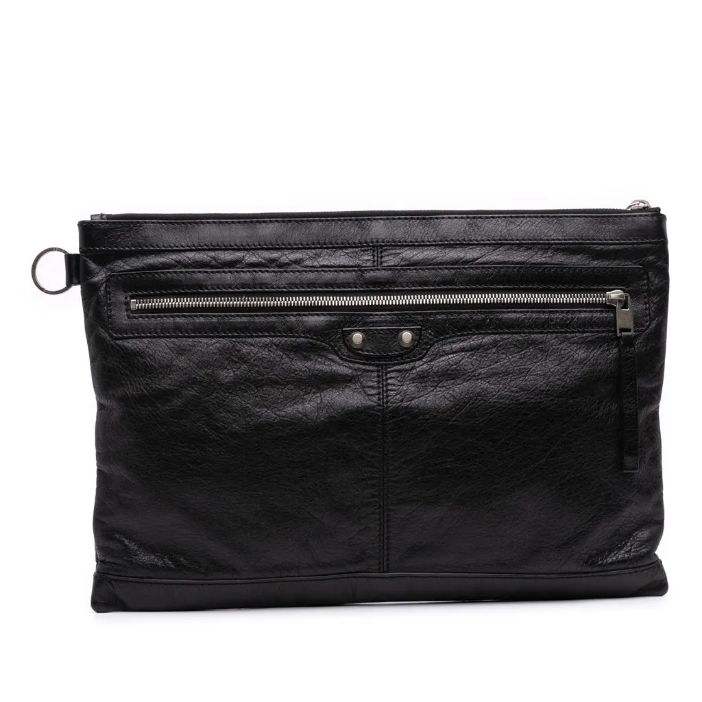 Balenciaga Lambskin Motocross Classic Clip L Clutch Black Leather Good - Front View