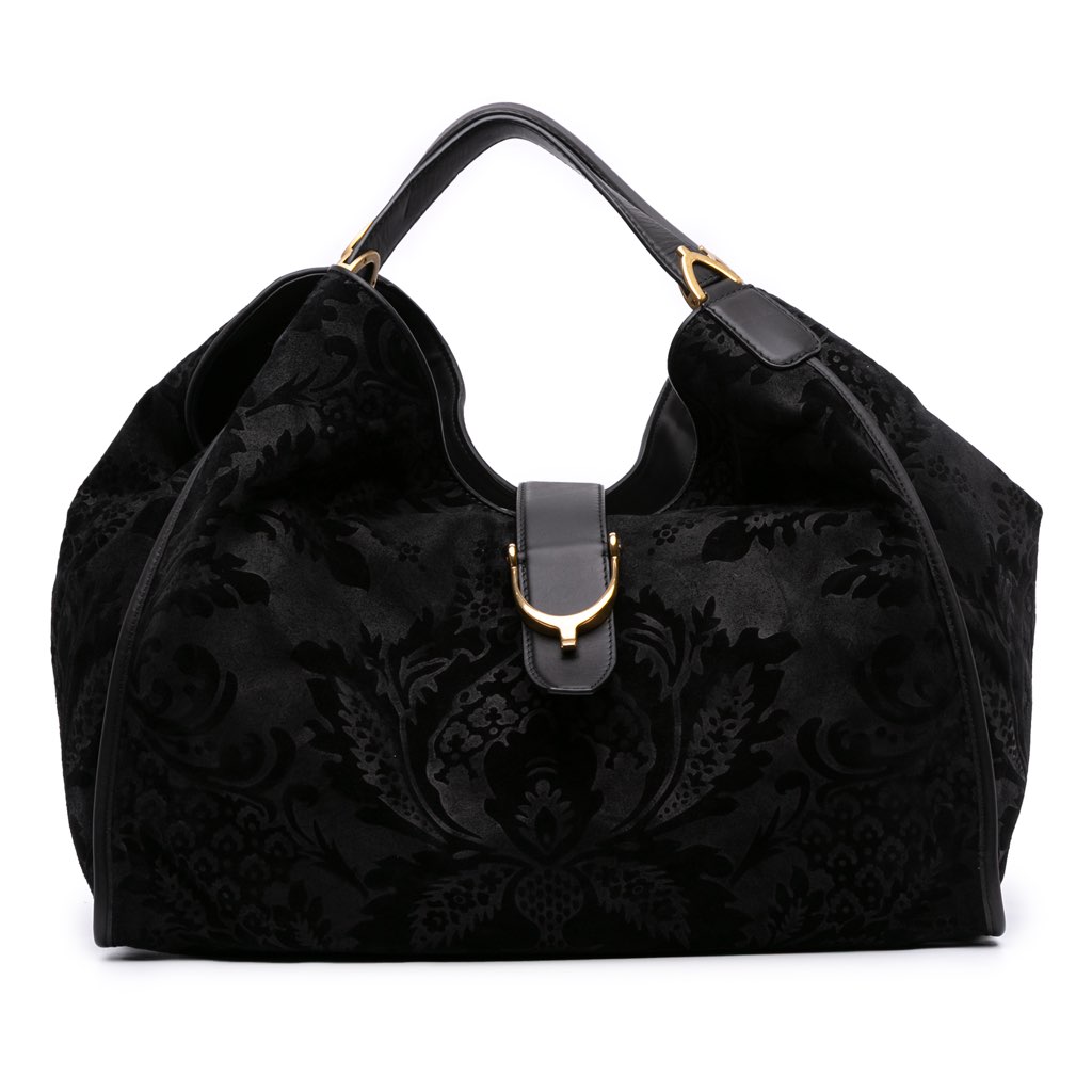 Gucci Large Nubuck and Suede Brocade Soft Stirrup Shoulder Bag