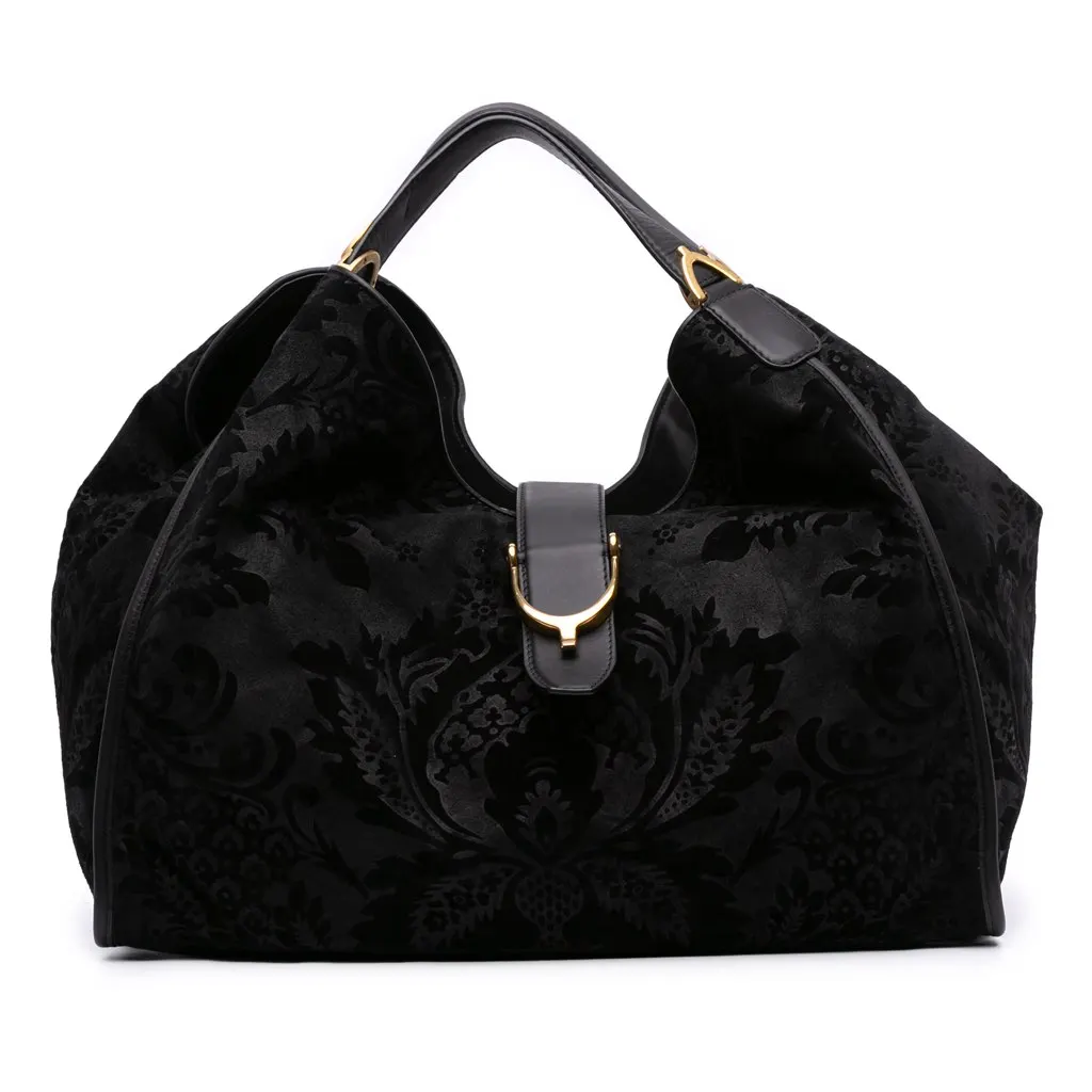 Gucci Large Nubuck and Suede Brocade Soft Stirrup Shoulder Bag Black Leather Good - Front View