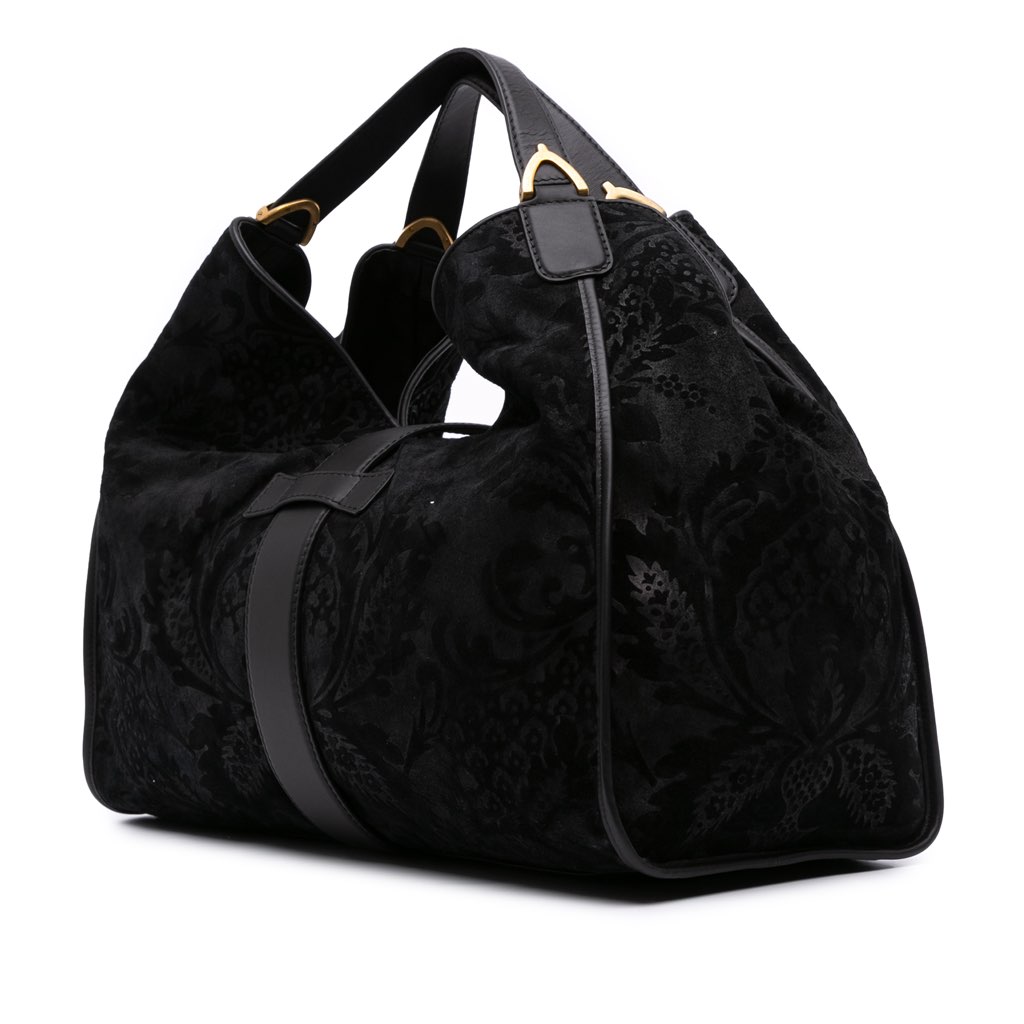 Gucci Large Nubuck and Suede Brocade Soft Stirrup Shoulder Bag - 2