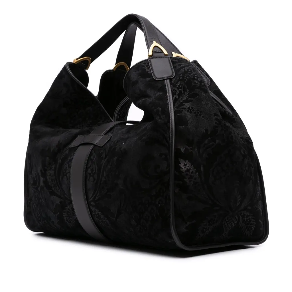 Gucci Large Nubuck and Suede Brocade Soft Stirrup Shoulder Bag Black Leather Good - Back View