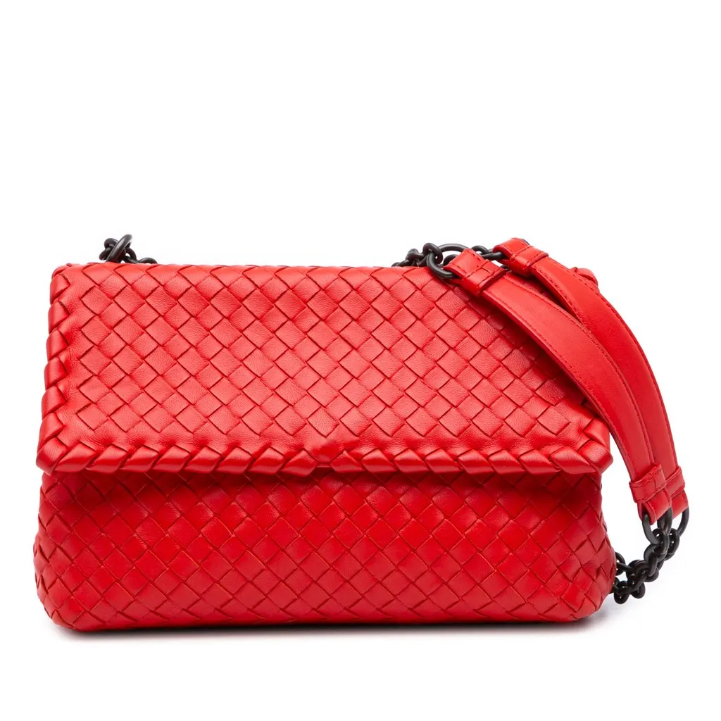 Bottega Veneta Small Nappa Intrecciato Olimpia Shoulder Bag Red Leather Good - Front View