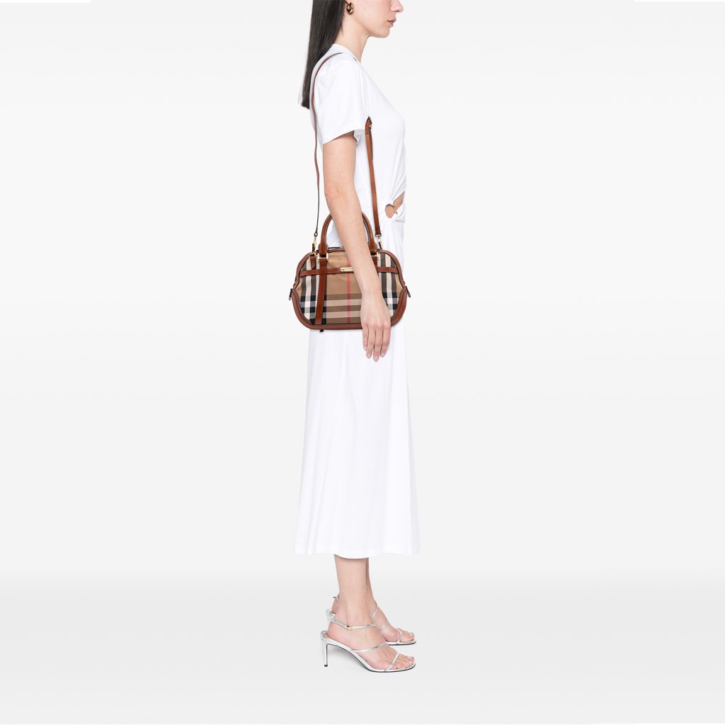 Burberry Small Leather Trimmed House Check Canvas Bridle Orchard Satchel - Image 14