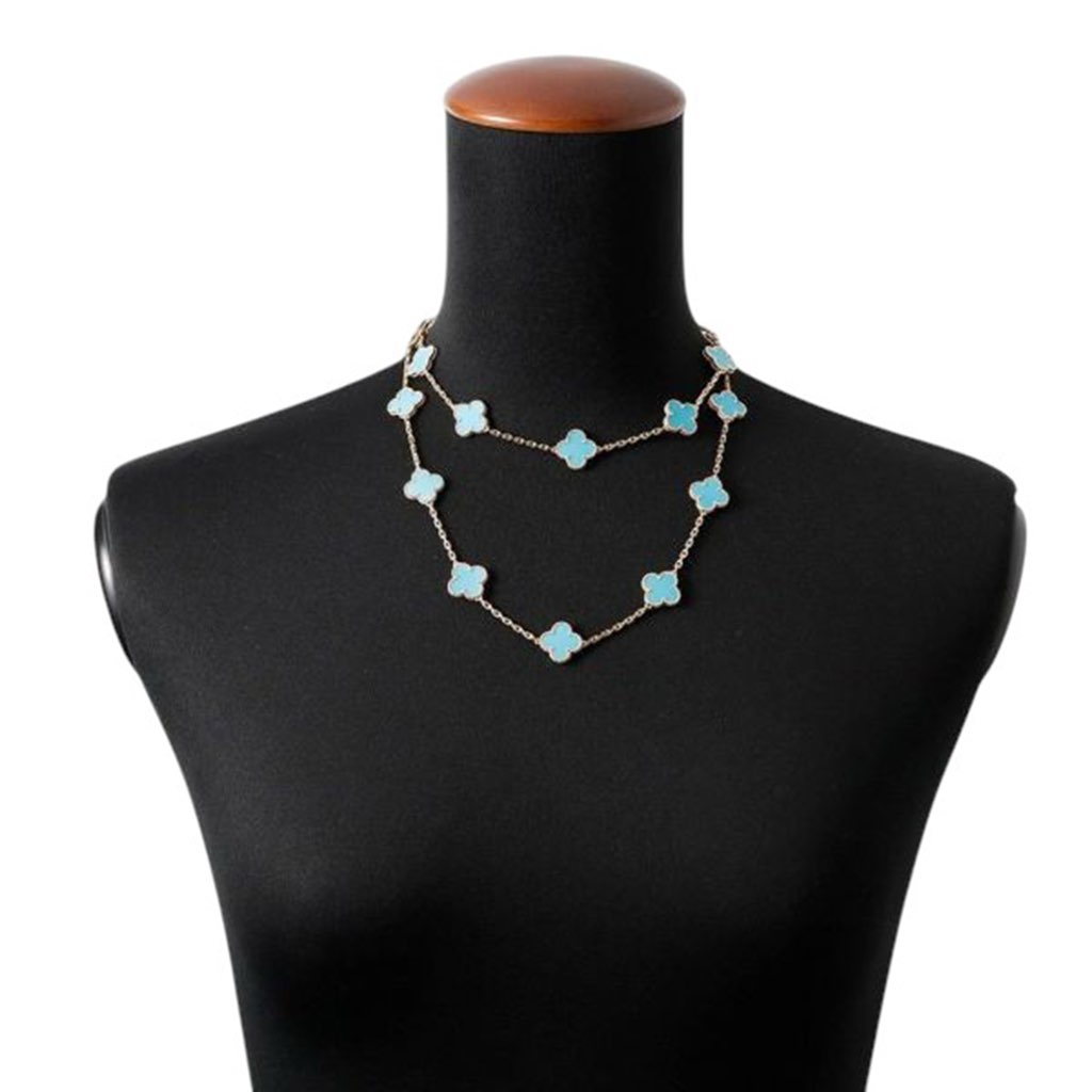 Van Cleef & Arpels 18 Yellow Gold and Turquoise Vintage Alhambra 20 Motif Long Necklace - 5