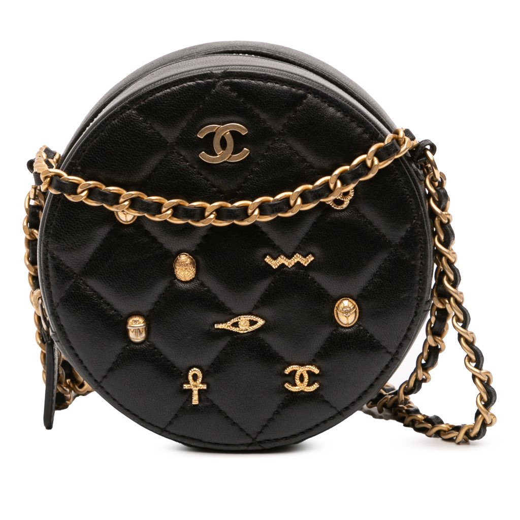 Chanel Quilted Lambskin Egyptian Amulet Charms Round Clutch with Chain