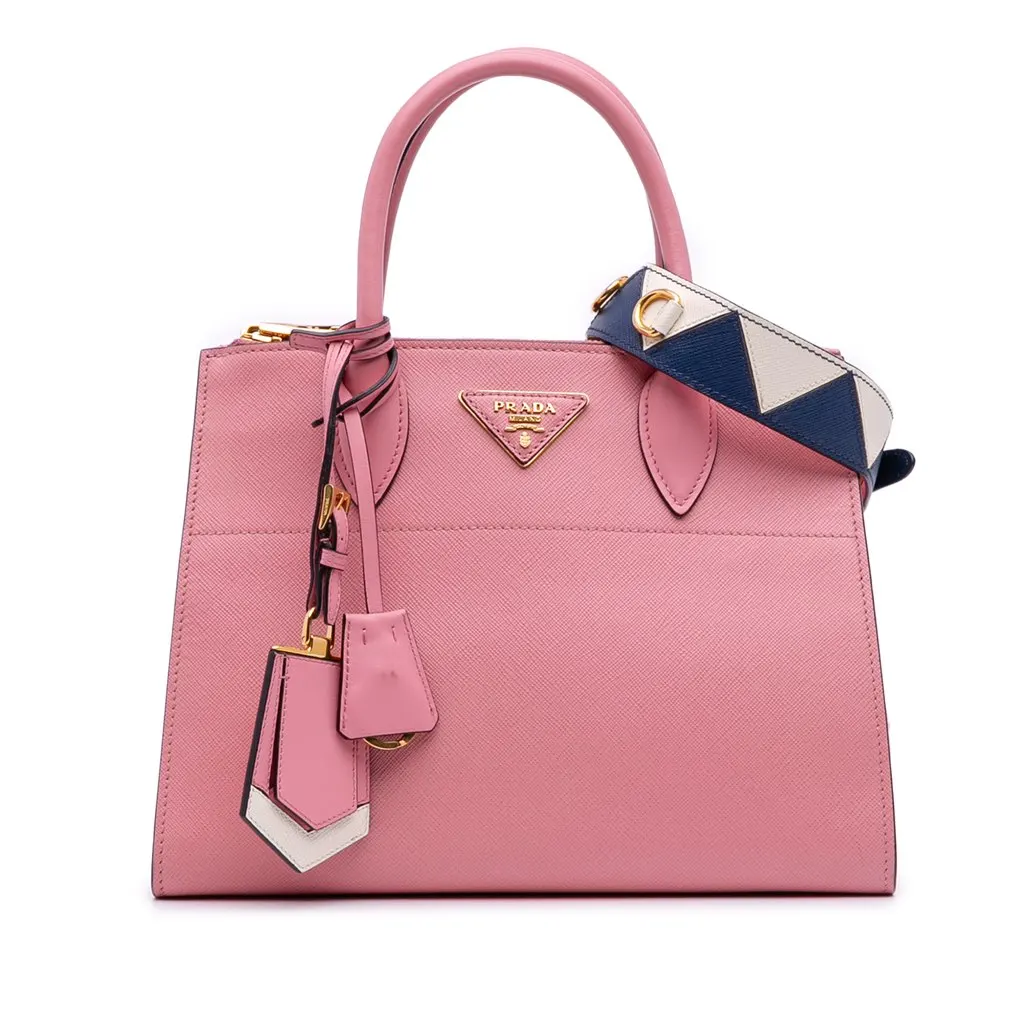 Prada City Calf Trimmed Saffiano Greche Paradigme Bag Pink Leather Good - Front View