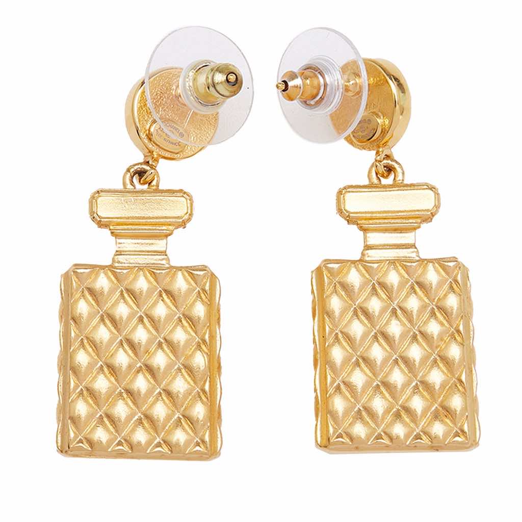 Chanel Gold Plated and Faux Pearl Crystal CC Perfume Bottle Drop Push Back Earrings - 2