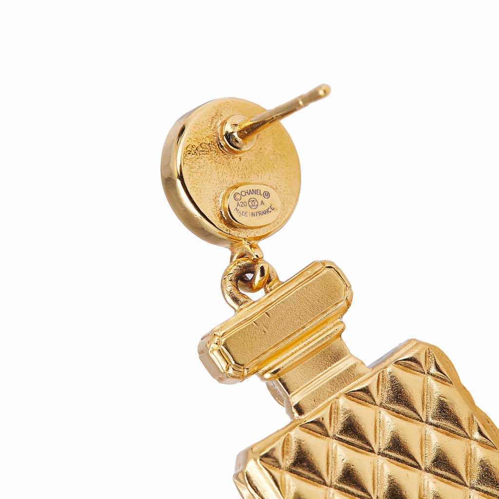 Chanel Gold Plated and Faux Pearl Crystal CC Perfume Bottle Drop Push Back Earrings - 3