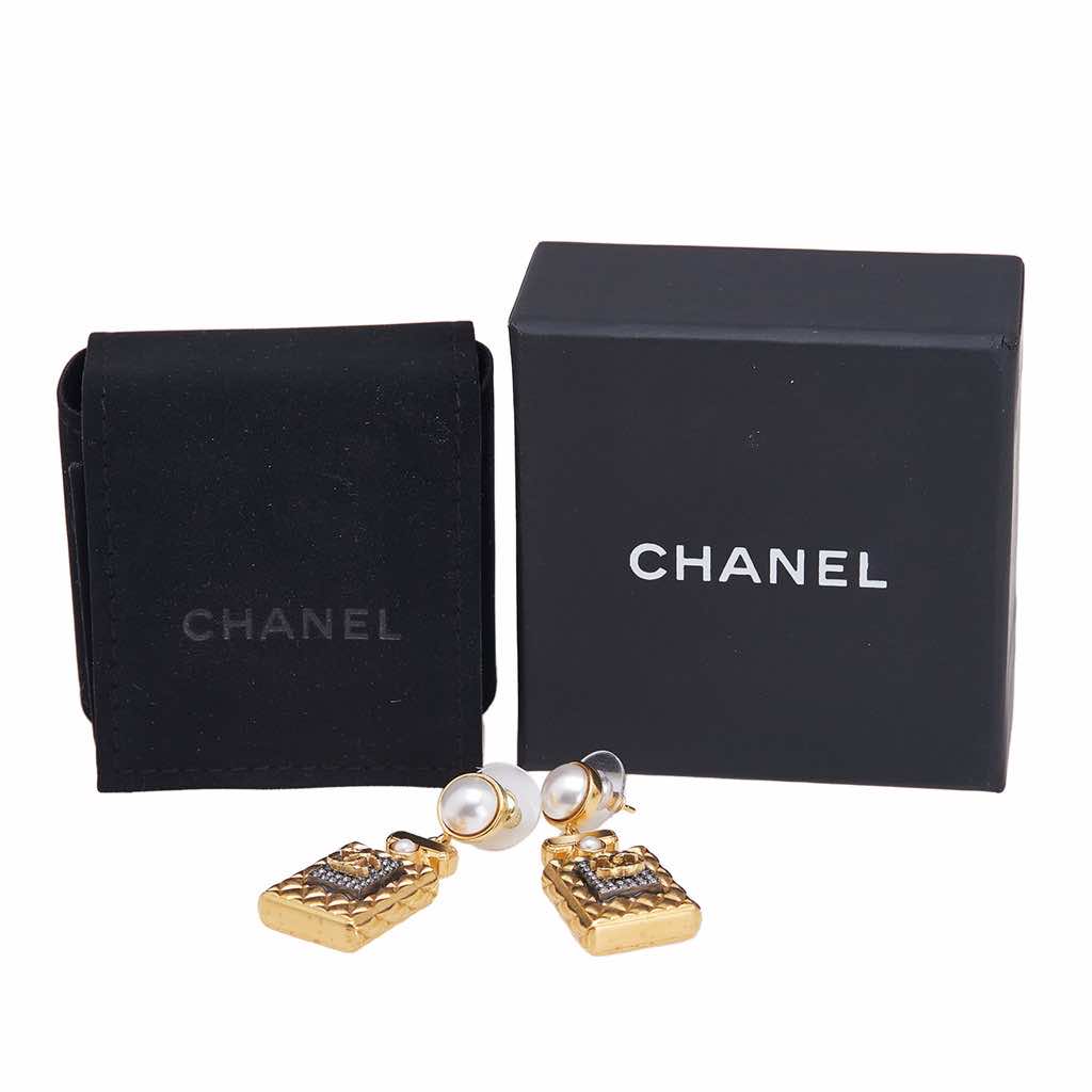 Chanel Gold Plated and Faux Pearl Crystal CC Perfume Bottle Drop Push Back Earrings - 4