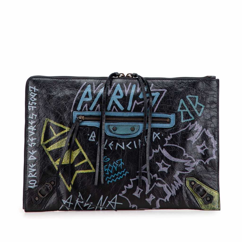 Balenciaga Lambskin Motocross Classic Graffiti Zip Around Flat Clutch