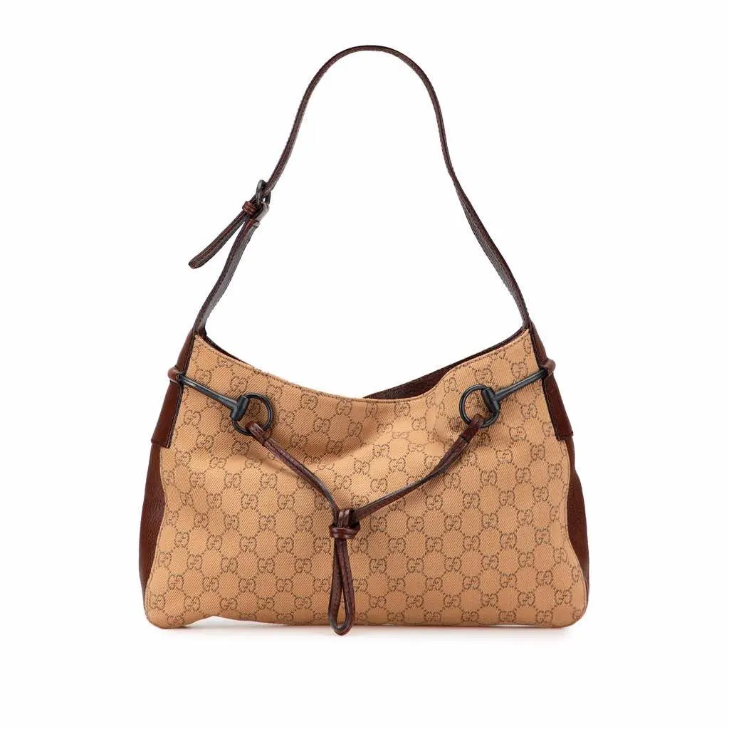 Gucci GG Denim Horsebit Shoulder Bag Brown Denim Good - Front View