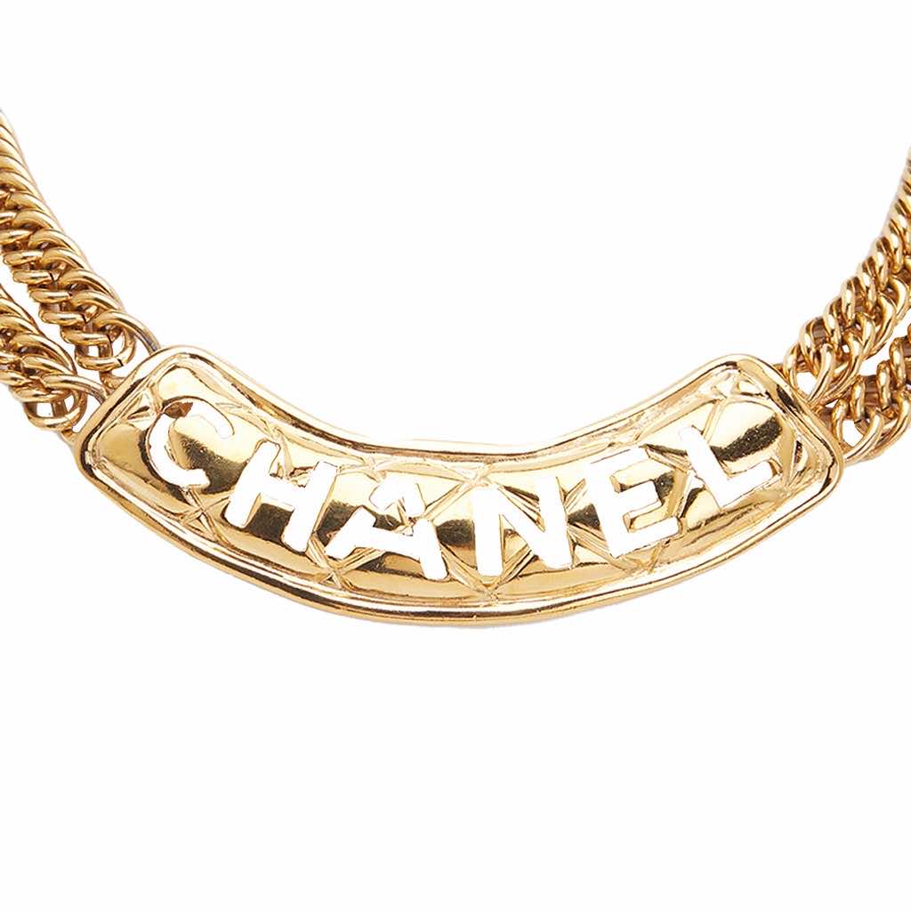 Chanel Gold Plated Quilted Cut Out Logo Double Chain Necklace - 2