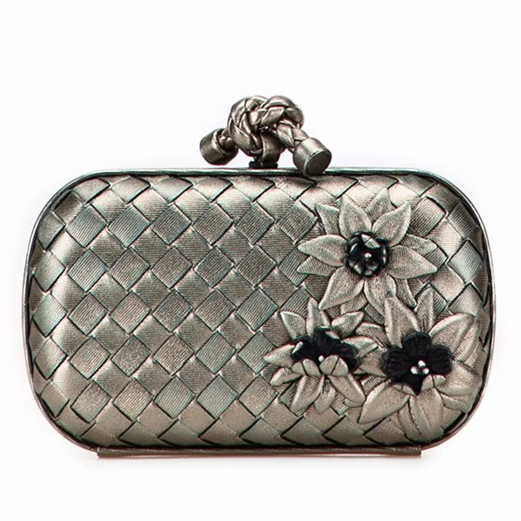 Bottega Veneta Nappa Intrecciato Flower Knot Clutch Silver Leather Good - Front View