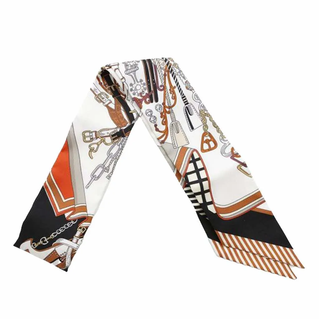 Hermès Bouquets Sellier Silk Twilly Scarf White Silk Very good - Front View