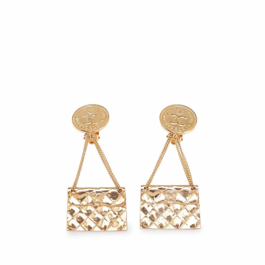 Chanel Gold Plated Flap Bag Drop Clip On Earrings