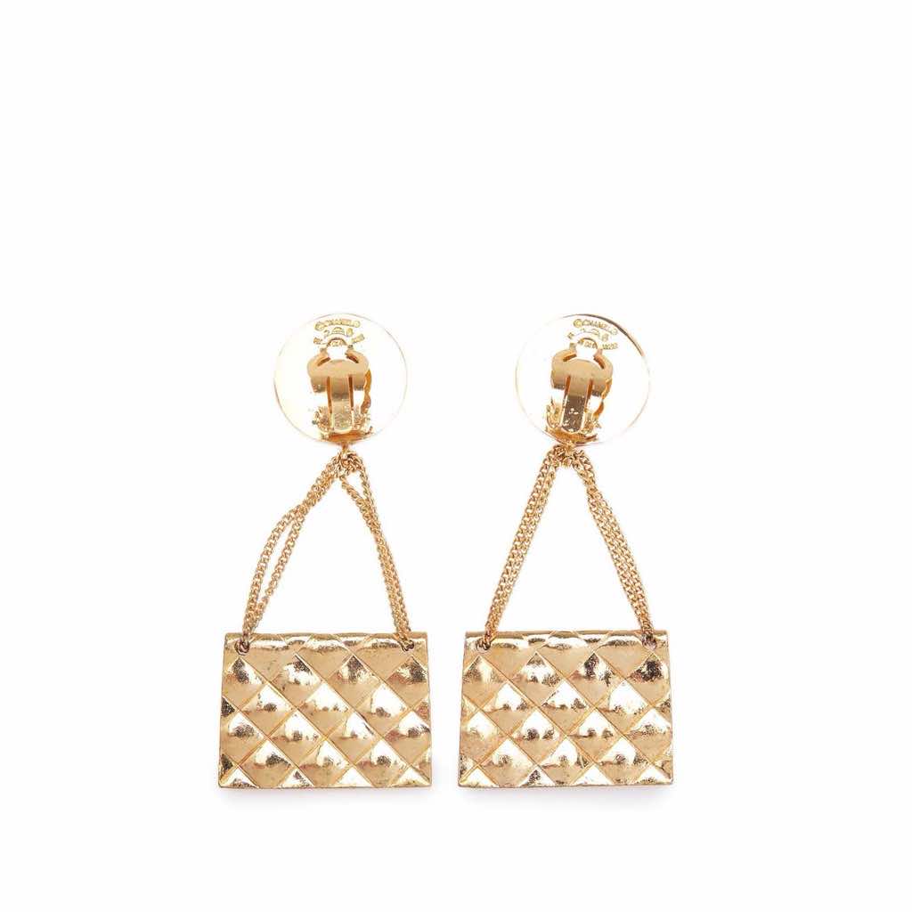 Chanel Gold Plated Flap Bag Drop Clip On Earrings - Back view