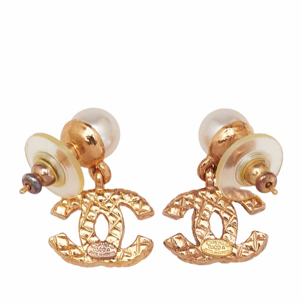 Chanel CC Gold Plated Faux Pearl Drop Push Back Earrings - 2