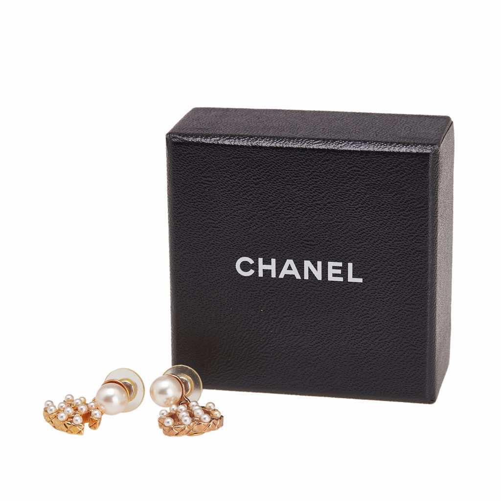 Chanel CC Gold Plated Faux Pearl Drop Push Back Earrings - 4